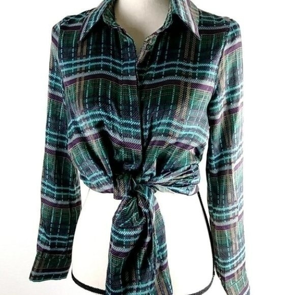 JOA Green Satin Plaid Tie Front Silky Long Sleeve Top - Picture 5 of 14